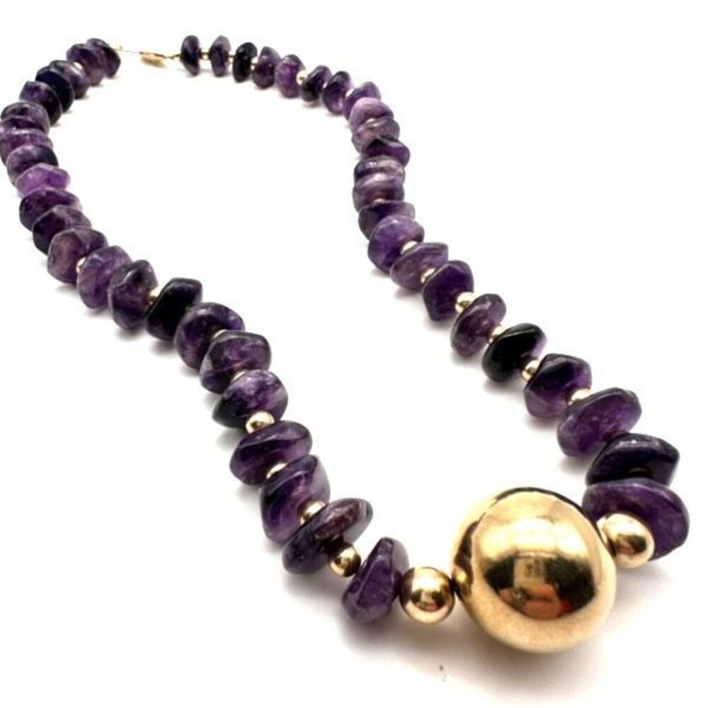 Vintage‎ amethyst stone & Gold Tone Ball Pendant necklace Purple Beaded Princess